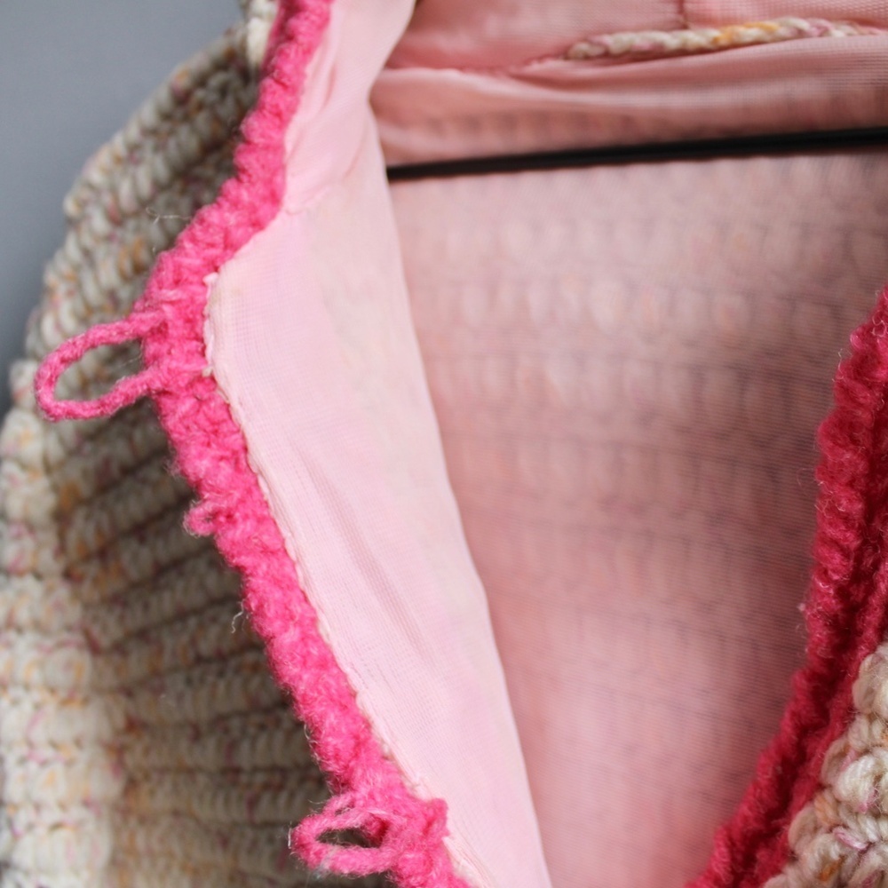 Handmade Crochet Knit Wool Cream & Pink Toggle Hooded Jacket Sweater Size Small - Picture 6 of 7